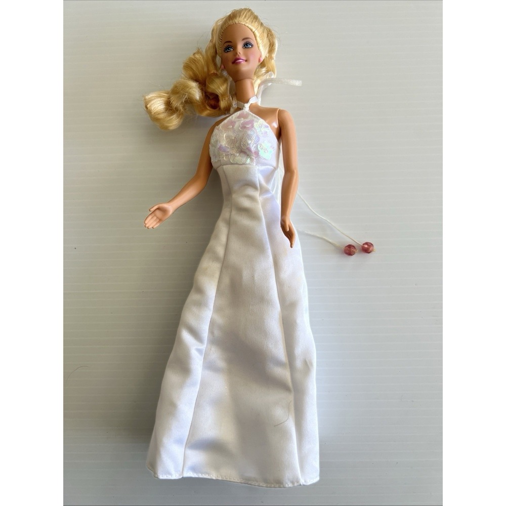 Vintage Barbie Doll Mattel Blonde hair Blue Eyes With White Dress Growing Hair